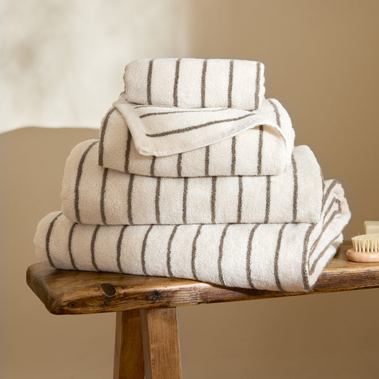 Striped Brown Bathroom - Hebden Narrow Stripe 100% Cotton Towels Mole Yard