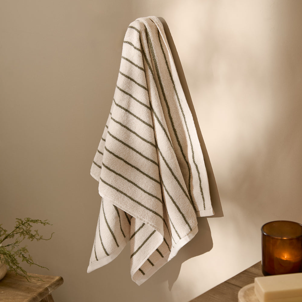 Striped Green Bathroom - Hebden Narrow Stripe 100% Cotton Towels Olive Yard