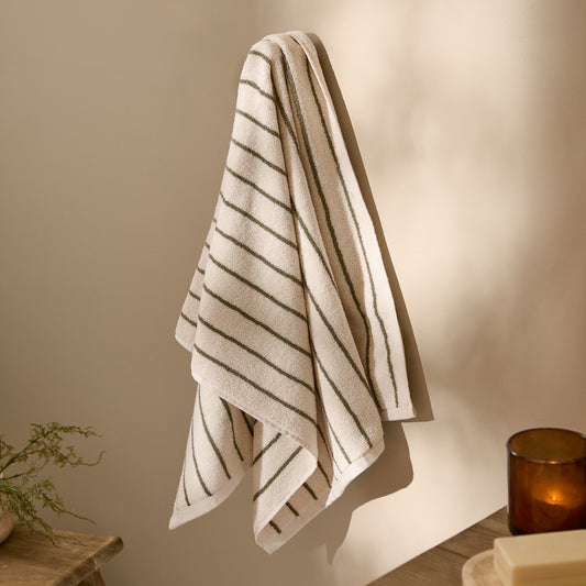 Striped Green Bathroom - Hebden Narrow Stripe 100% Cotton Towels Olive Yard