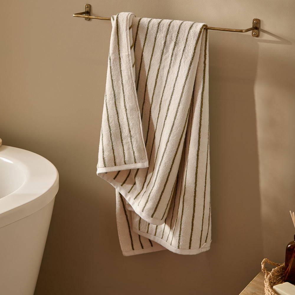 Striped Green Bathroom - Hebden Narrow Stripe 100% Cotton Towels Olive Yard