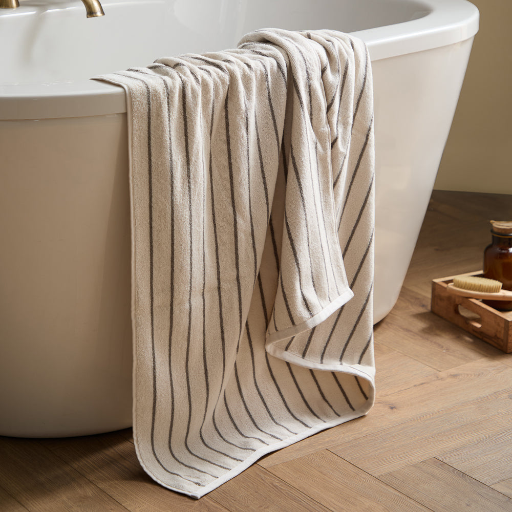 Striped Brown Bathroom - Hebden Narrow Stripe 100% Cotton Towels Mole Yard