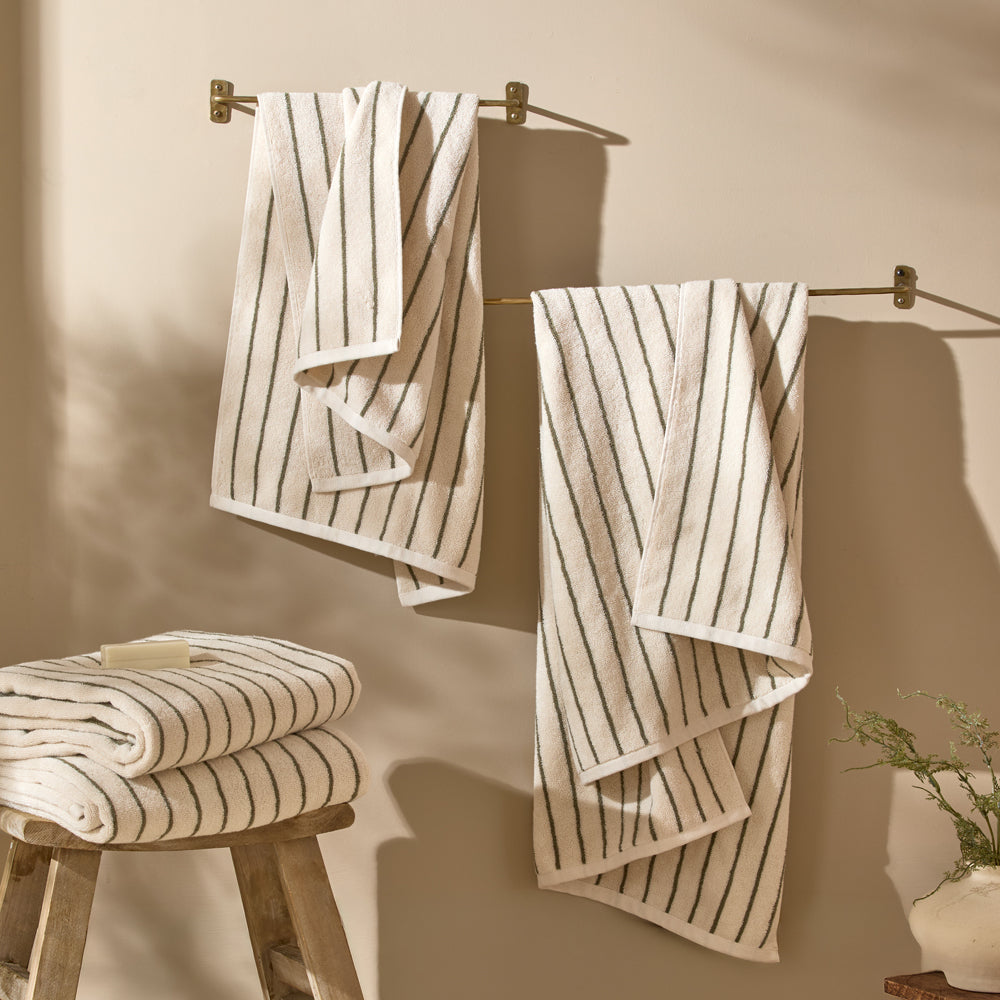 Striped Green Bathroom - Hebden Narrow Stripe 100% Cotton Towels Olive Yard