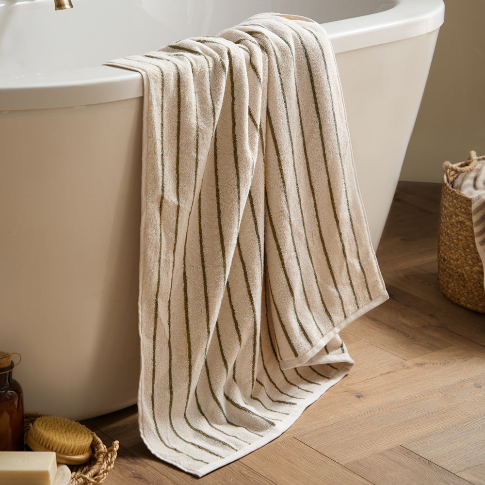 Striped Green Bathroom - Hebden Narrow Stripe 100% Cotton Towels Olive Yard