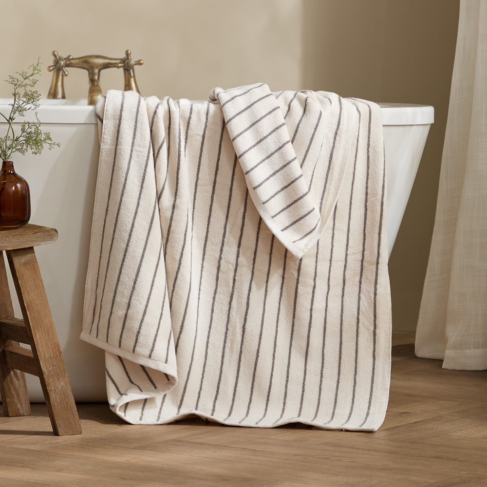 Striped Brown Bathroom - Hebden Narrow Stripe 100% Cotton Towels Mole Yard