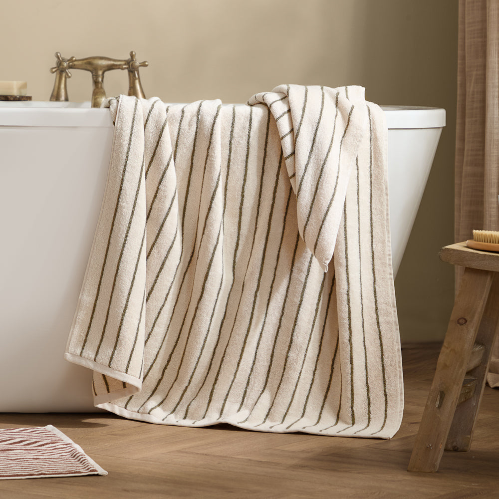 Striped Green Bathroom - Hebden Narrow Stripe 100% Cotton Towels Olive Yard