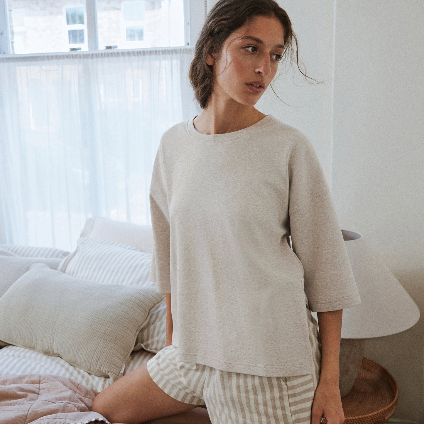 Striped Beige Ladies Nightwear - Hebden Stripe Cotton Short Pyjama Set Natural Yard