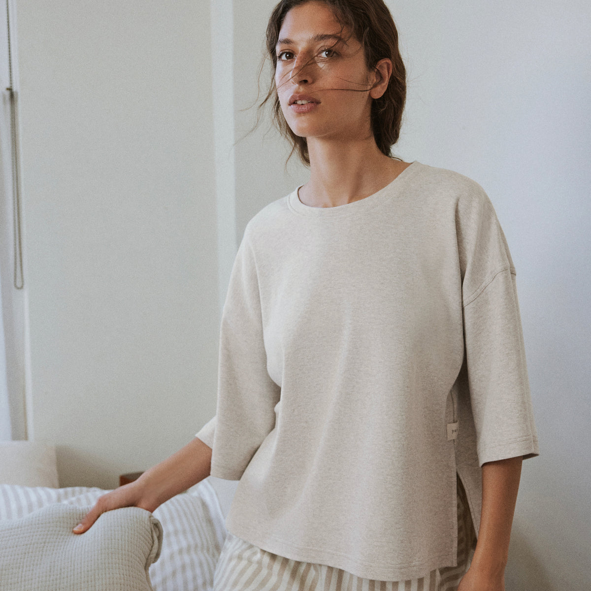 Striped Beige Ladies Nightwear - Hebden Stripe Cotton Short Pyjama Set Natural Yard