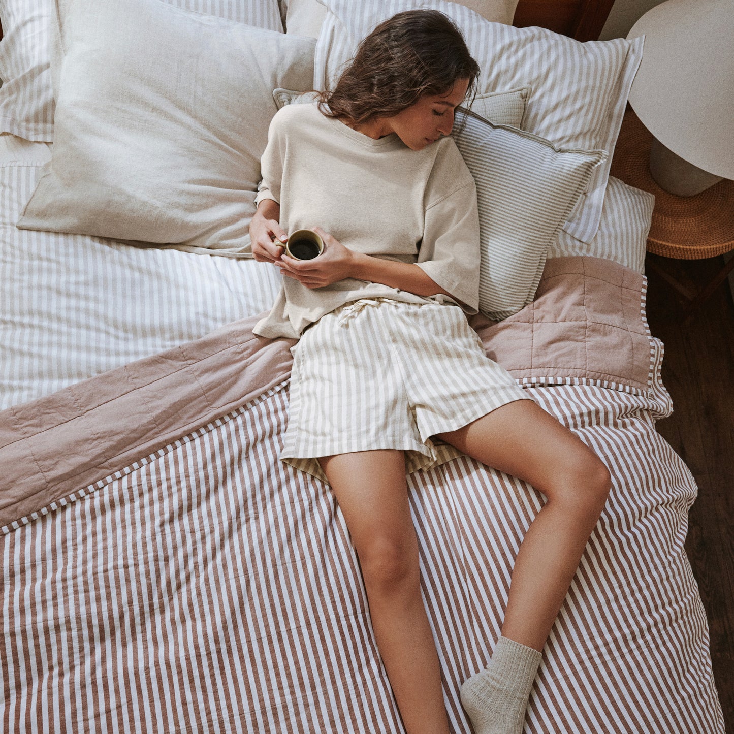 Striped Beige Ladies Nightwear - Hebden Stripe Cotton Short Pyjama Set Natural Yard