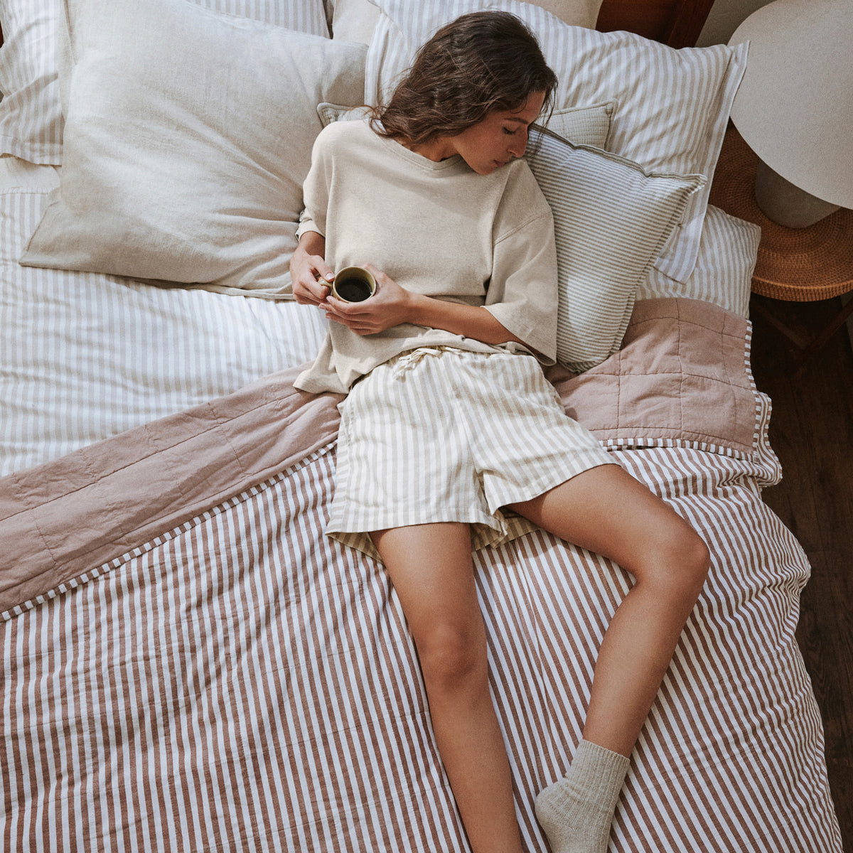 Striped Beige Ladies Nightwear - Hebden Stripe Cotton Short Pyjama Set Natural Yard