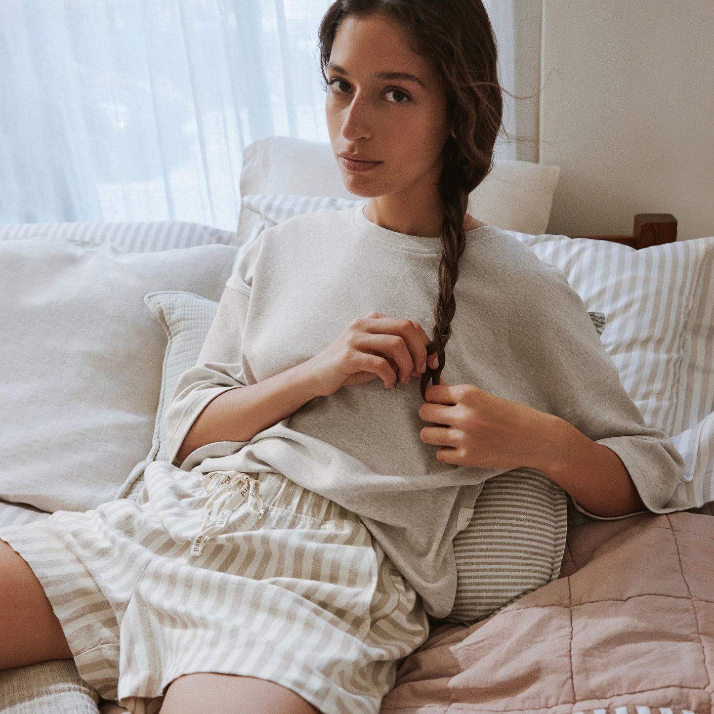 Striped Beige Ladies Nightwear - Hebden Stripe Cotton Short Pyjama Set Natural Yard