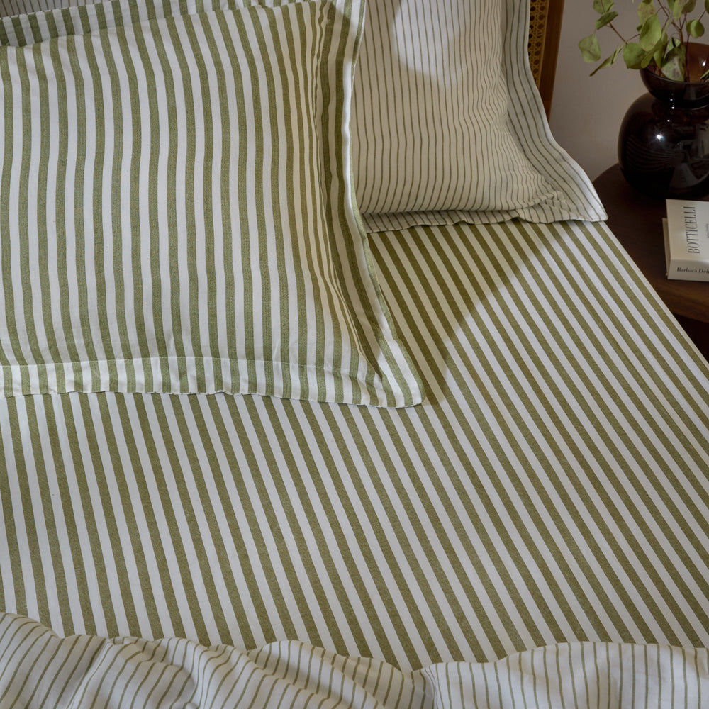 Striped Green Bedding - Hebden 100% Cotton Striped Fitted Bed Sheet Olive Yard