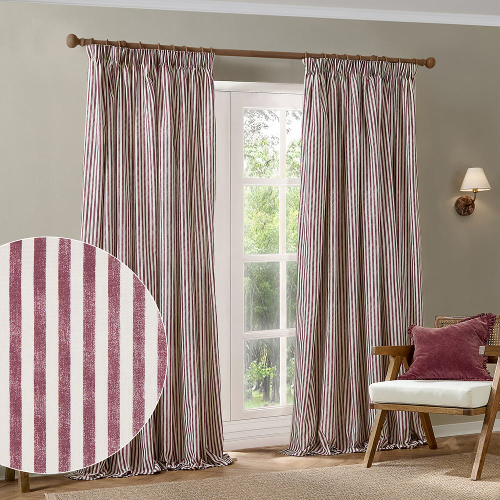 Striped Red Curtains - Hebden Striped 100% Cotton Lined Pencil Pleat Curtains Beetroot Yard