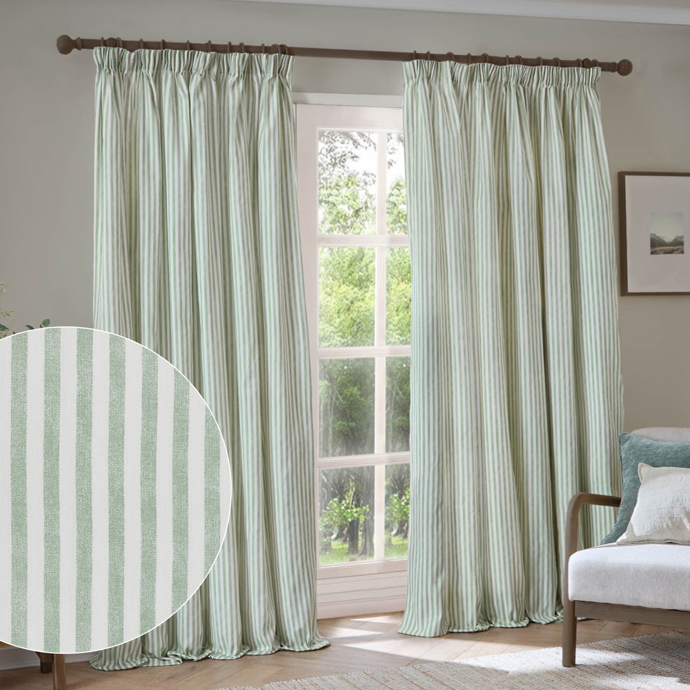 Striped Green Curtains - Hebden Striped 100% Cotton Lined Pencil Pleat Curtains Eucalyptus Yard