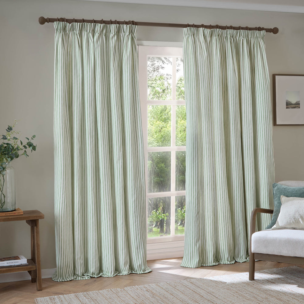Striped Green Curtains - Hebden Striped 100% Cotton Lined Pencil Pleat Curtains Eucalyptus Yard