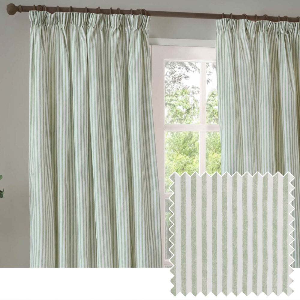 Striped Green Curtains - Hebden Striped 100% Cotton Lined Pencil Pleat Curtains Eucalyptus Yard