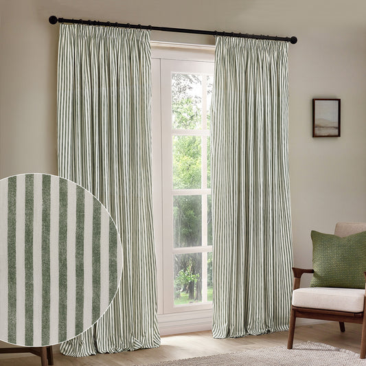 Striped Green Curtains - Hebden Striped 100% Cotton Lined Pencil Pleat Curtains Forest Green Yard