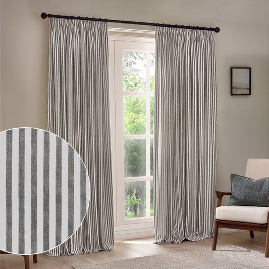 Striped Grey Curtains - Hebden Striped 100% Cotton Lined Pencil Pleat Curtains Grey Yard