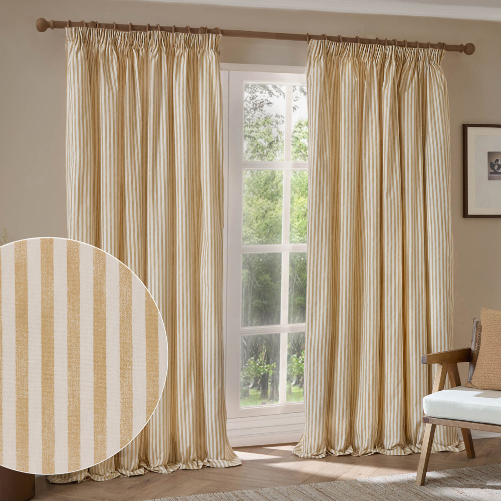 Striped Yellow Curtains - Hebden Striped 100% Cotton Lined Pencil Pleat Curtains Honey Yellow Yard