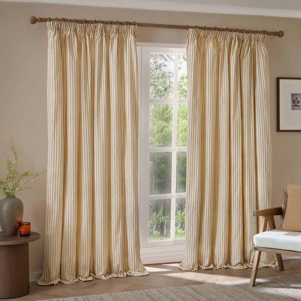 Striped Yellow Curtains - Hebden Striped 100% Cotton Lined Pencil Pleat Curtains Honey Yellow Yard