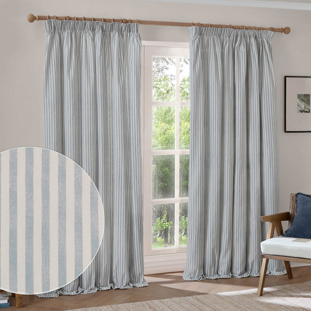Striped Blue Curtains - Hebden Striped 100% Cotton Lined Pencil Pleat Curtains Mineral Blue Yard