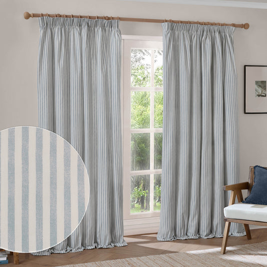 Striped Blue Curtains - Hebden Striped 100% Cotton Lined Pencil Pleat Curtains Mineral Blue Yard