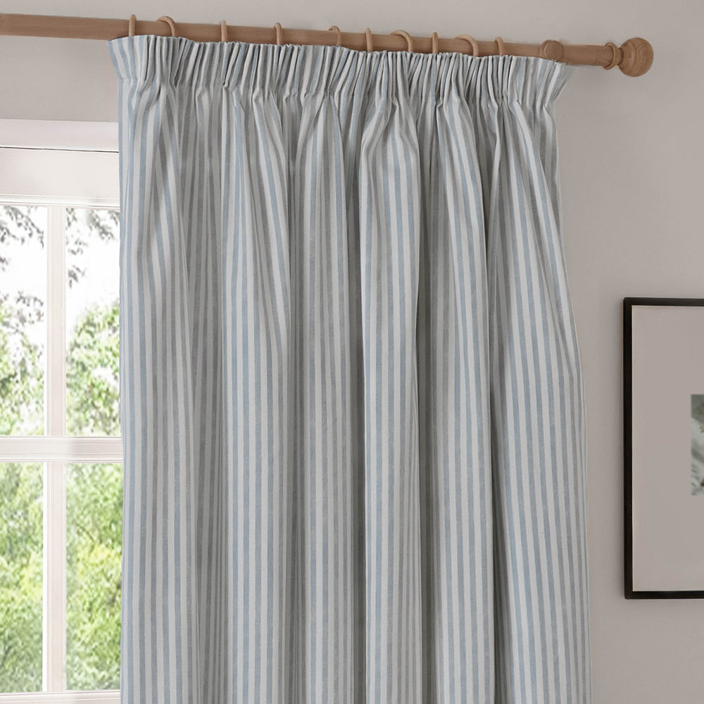 Striped Blue Curtains - Hebden Striped 100% Cotton Lined Pencil Pleat Curtains Mineral Blue Yard