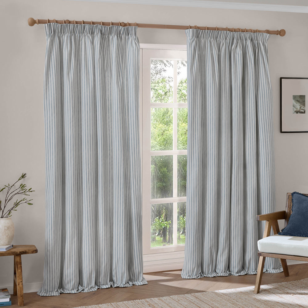Striped Blue Curtains - Hebden Striped 100% Cotton Lined Pencil Pleat Curtains Mineral Blue Yard