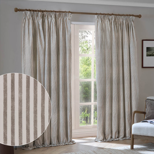 Striped Brown Curtains - Hebden Striped 100% Cotton Lined Pencil Pleat Curtains Mole Yard