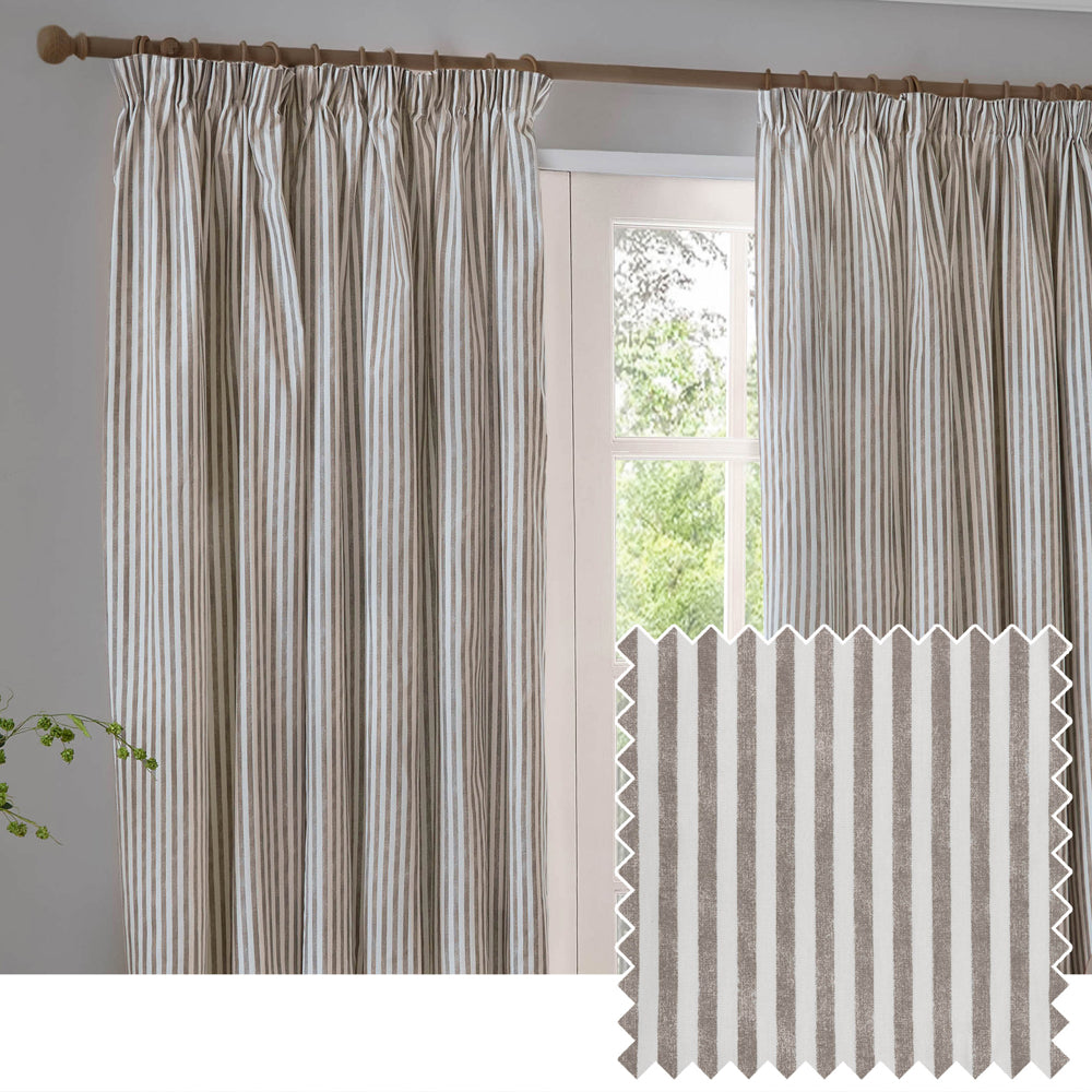 Striped Brown Curtains - Hebden Striped 100% Cotton Lined Pencil Pleat Curtains Mole Yard