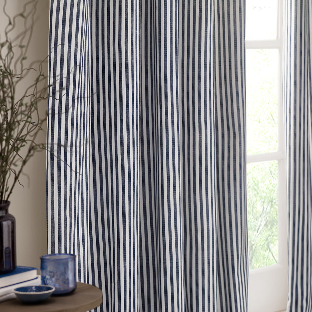 Striped Blue Curtains - Hebden Striped 100% Cotton Lined Pencil Pleat Curtains Navy Yard
