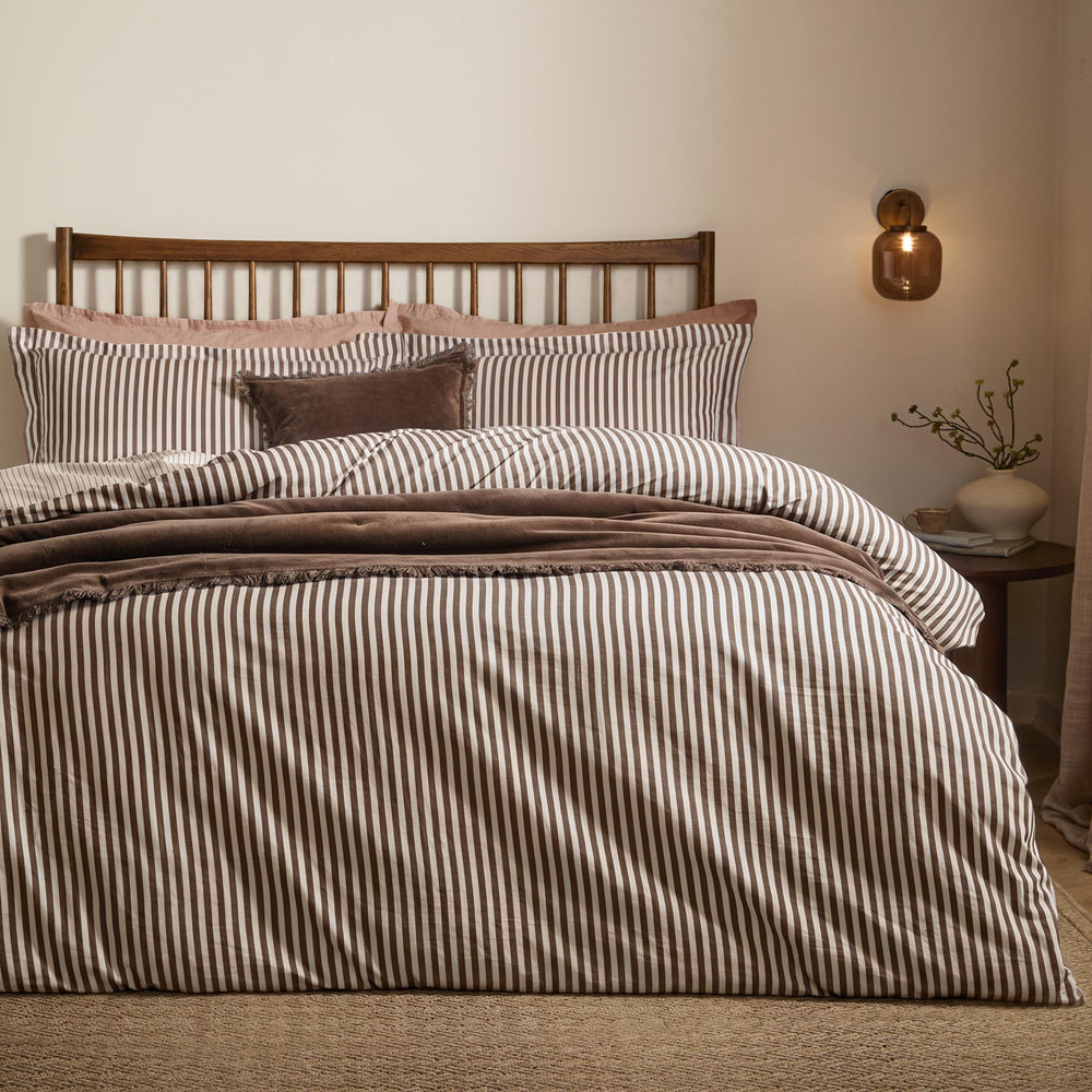 Hebden Stripe 100% Cotton Duvet Cover Set Espresso Brown