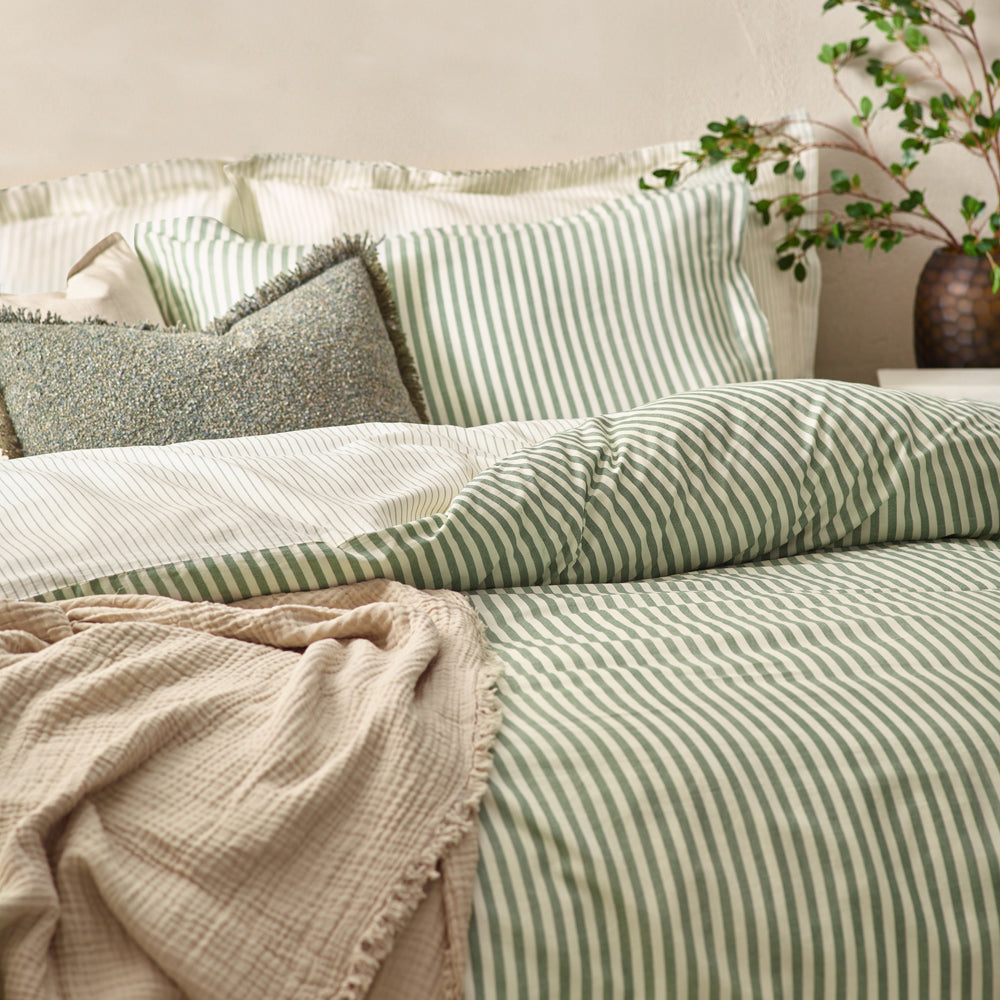 Striped Green Bedding - Hebden Mélange Stripe 100% Cotton Duvet Cover Set Forest Yard