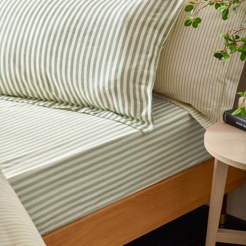 Striped Green Bedding - Hebden Mélange Stripe 100% Cotton Pillowcase Pair Forest Yard