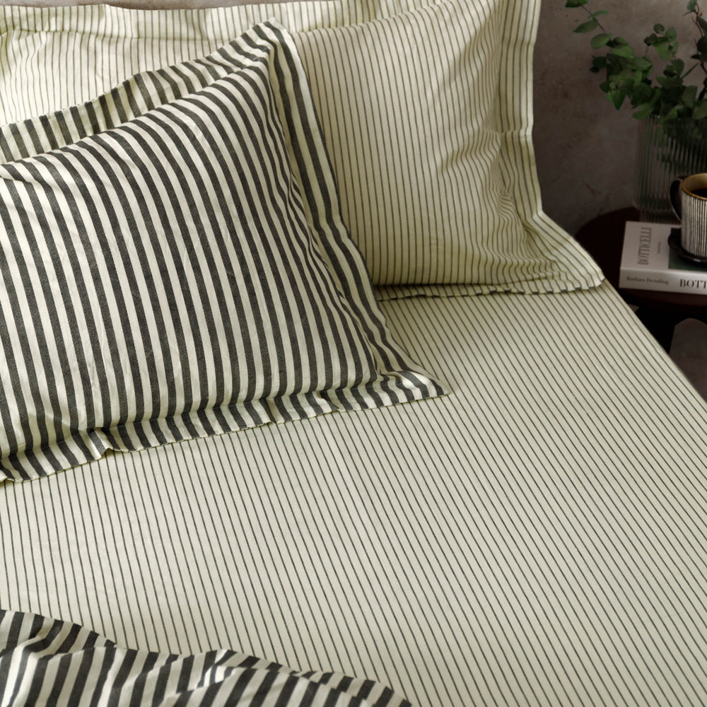 Striped Black Bedding - Hebden 100% Cotton Narrow Stripe Fitted Bed Sheet Black Yard