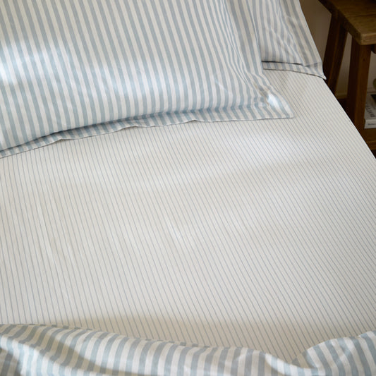 Striped Blue Bedding - Hebden 100% Cotton Narrow Stripe Fitted Bed Sheet Mineral Blue Yard