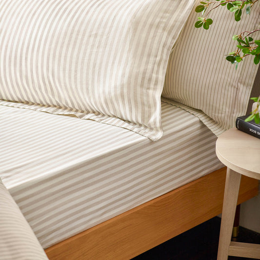 Striped Beige Bedding - Hebden 100% Cotton Striped Fitted Bed Sheet Natural Yard