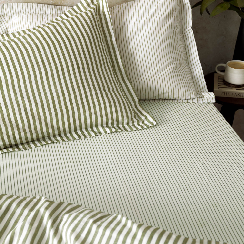 Striped Green Bedding - Hebden 100% Cotton Narrow Stripe Fitted Bed Sheet Olive Yard