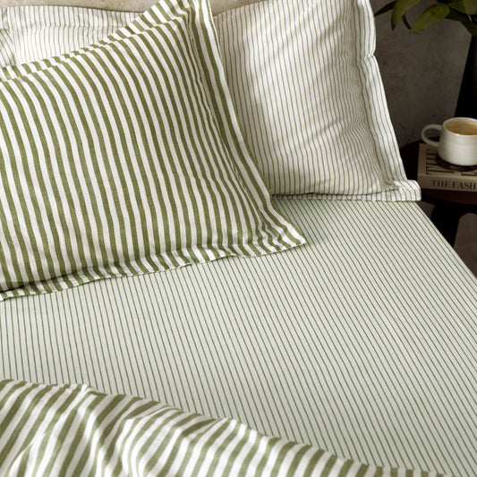 Striped Green Bedding - Hebden 100% Cotton Narrow Stripe Fitted Bed Sheet Olive Yard