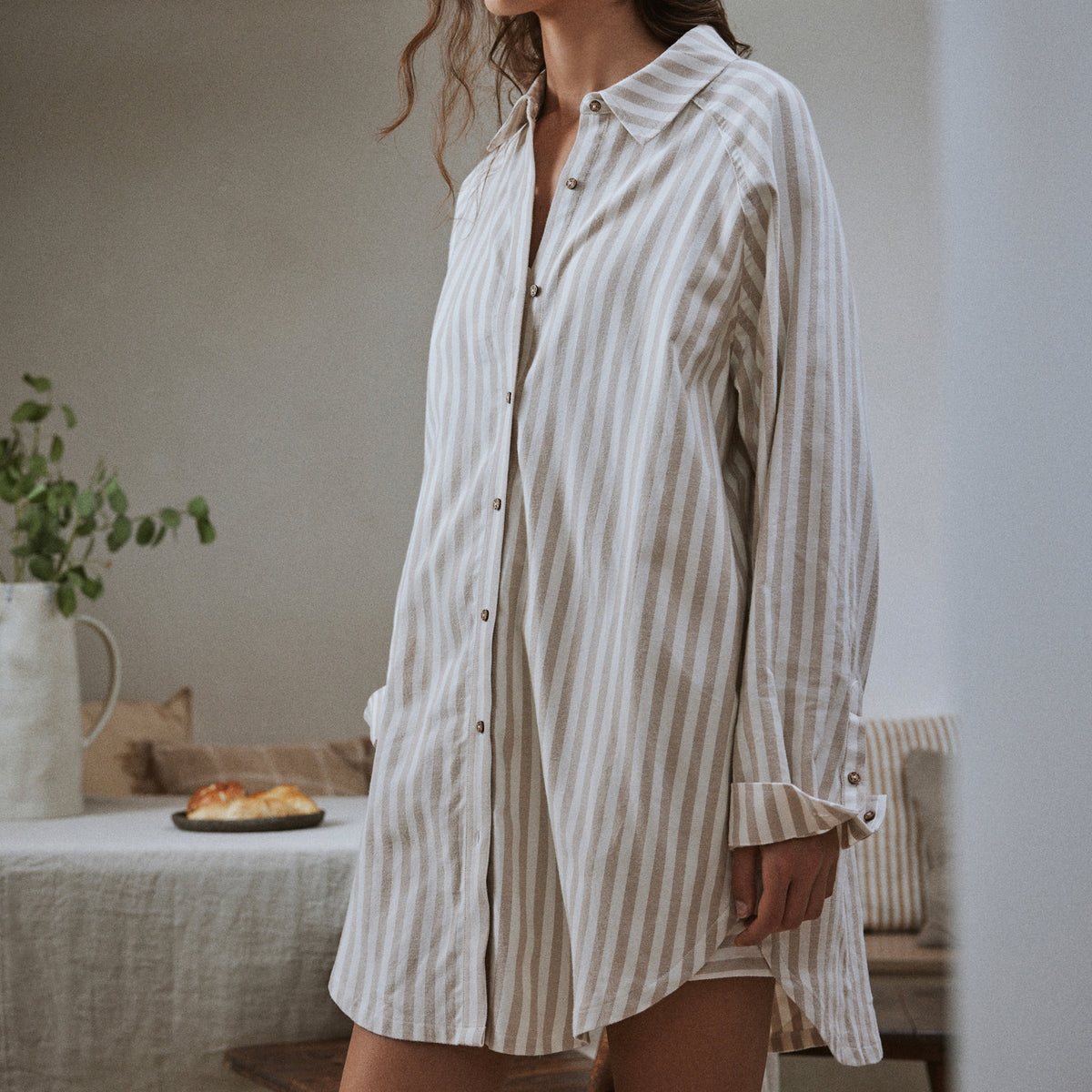 Striped Beige Ladies Nightwear - Hebden Stripe Brushed Cotton Flannel Night Shirt Natural Yard