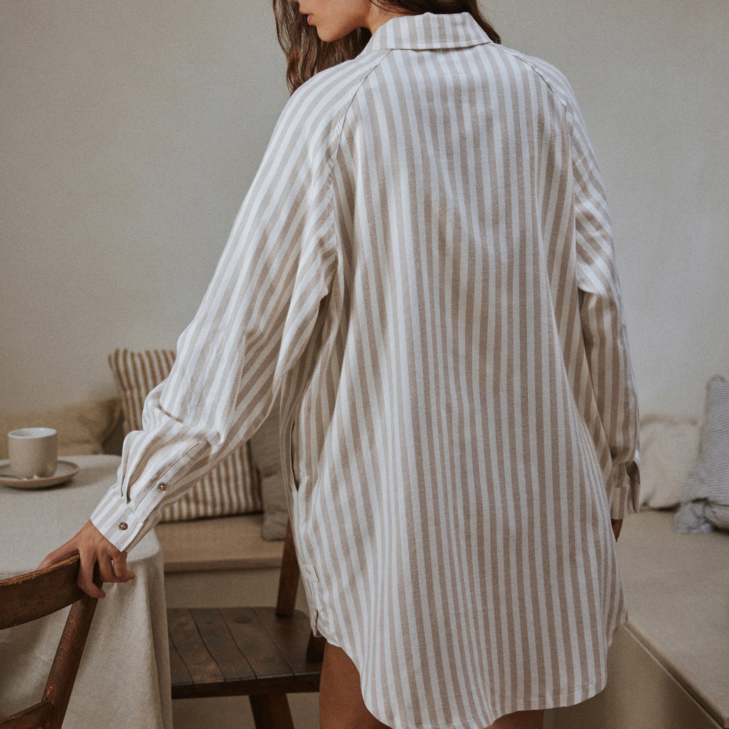 Striped Beige Ladies Nightwear - Hebden Stripe Brushed Cotton Flannel Night Shirt Natural Yard