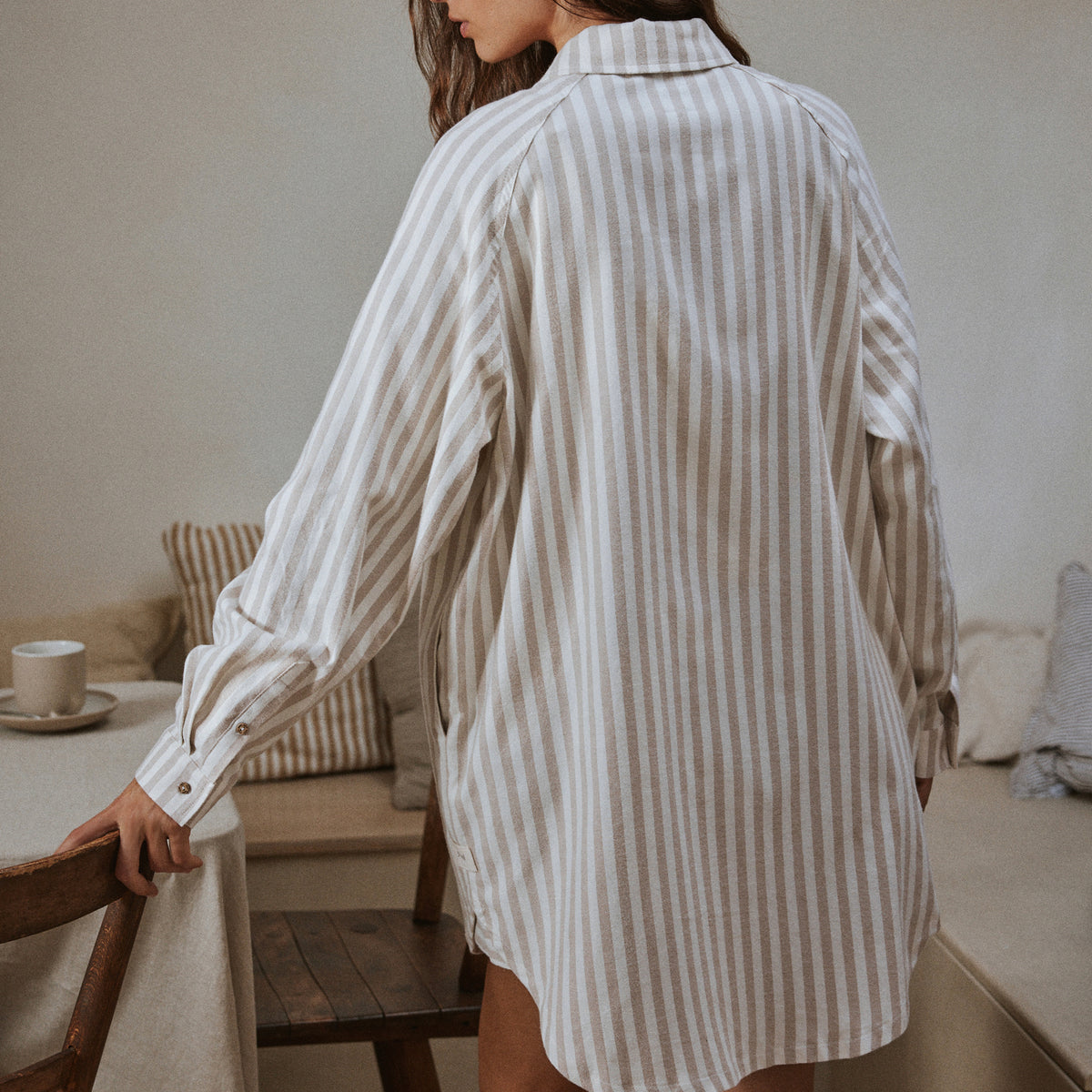 Striped Beige Ladies Nightwear - Hebden Stripe Brushed Cotton Flannel Night Shirt Natural Yard