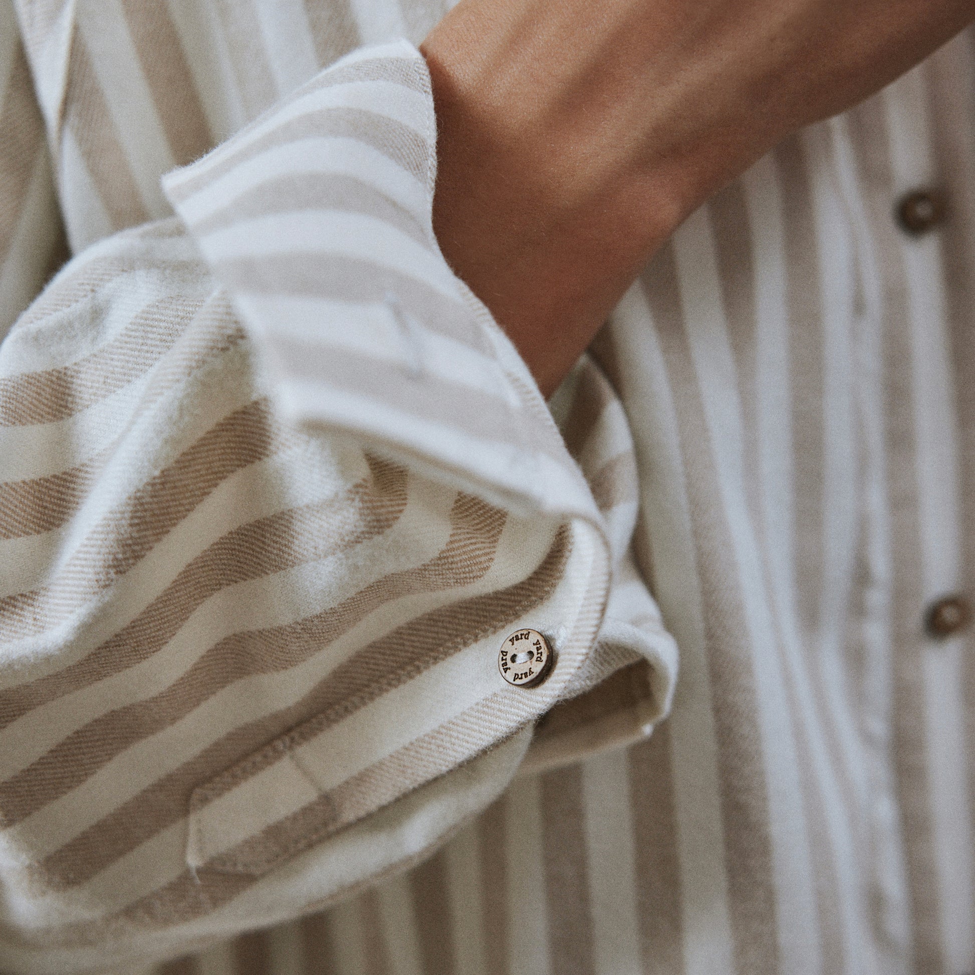 Striped Beige Ladies Nightwear - Hebden Stripe Brushed Cotton Flannel Night Shirt Natural Yard