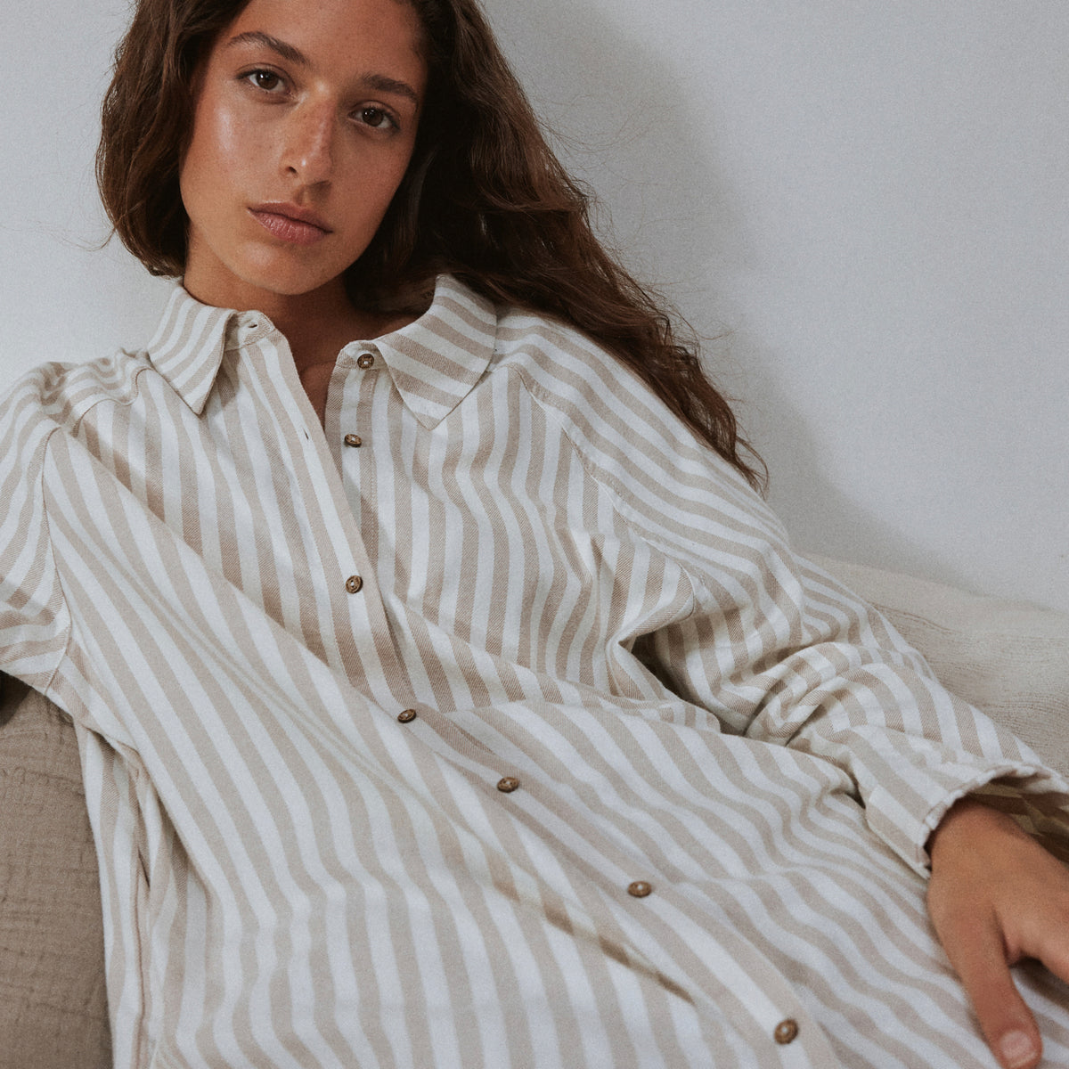 Striped Beige Ladies Nightwear - Hebden Stripe Brushed Cotton Flannel Night Shirt Natural Yard