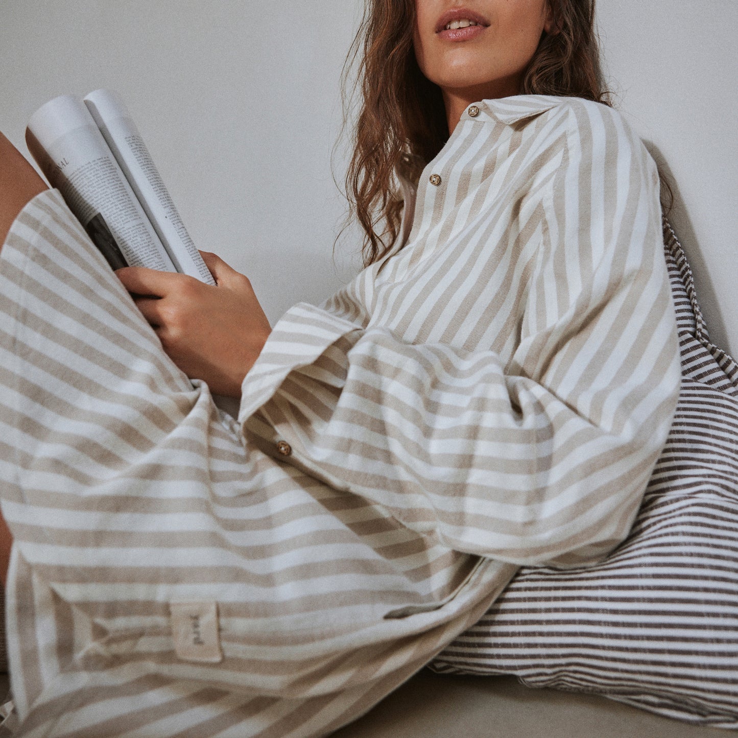 Striped Beige Ladies Nightwear - Hebden Stripe Brushed Cotton Flannel Night Shirt Natural Yard