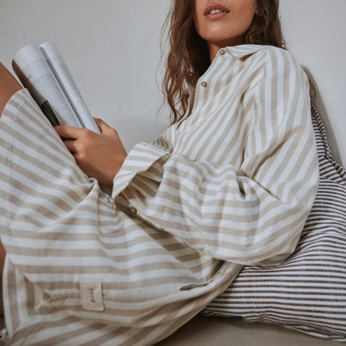 Striped Beige Ladies Nightwear - Hebden Stripe Brushed Cotton Flannel Night Shirt Natural Yard