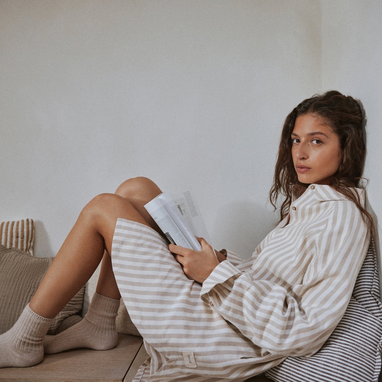 Striped Beige Ladies Nightwear - Hebden Stripe Brushed Cotton Flannel Night Shirt Natural Yard