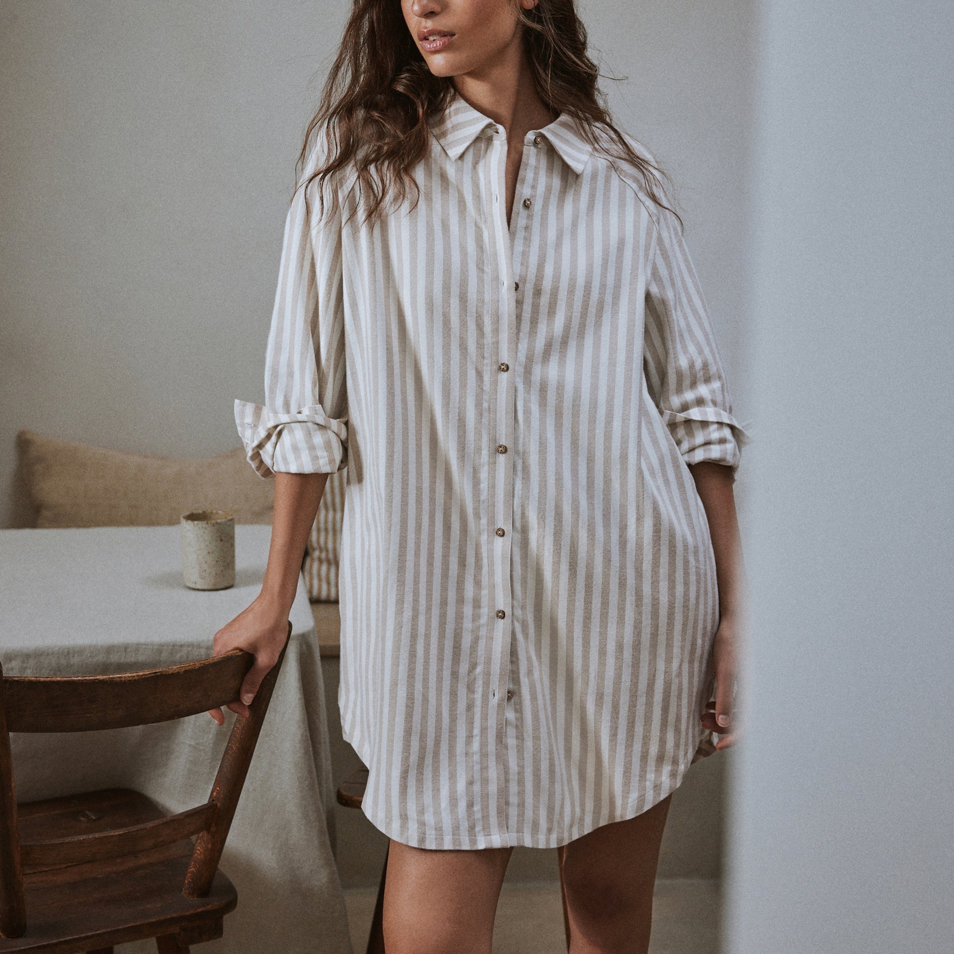 Striped Beige Ladies Nightwear - Hebden Stripe Brushed Cotton Flannel Night Shirt Natural Yard