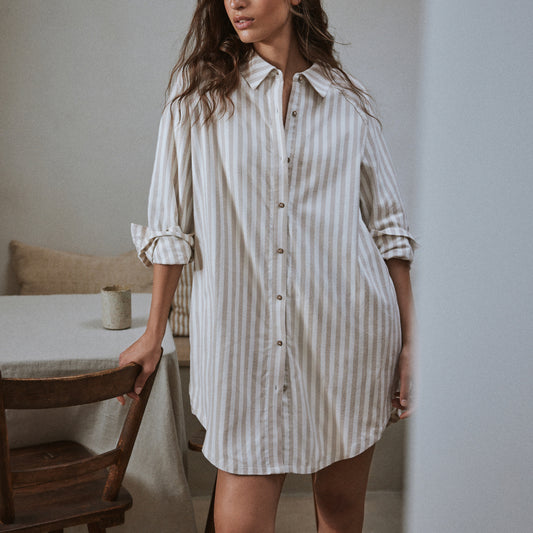 Striped Beige Ladies Nightwear - Hebden Stripe Brushed Cotton Flannel Night Shirt Natural Yard