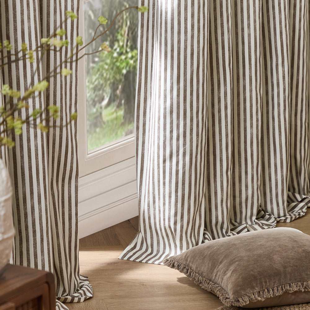 Striped Brown Curtains - Hebden Striped 100% Cotton Lined Eyelet Curtains Chocolate Yard