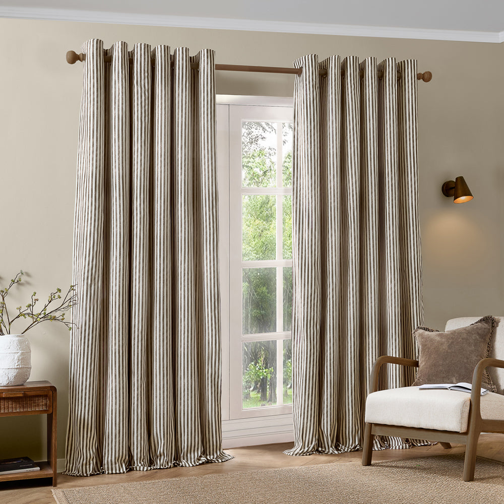 Striped Brown Curtains - Hebden Striped 100% Cotton Lined Eyelet Curtains Chocolate Yard